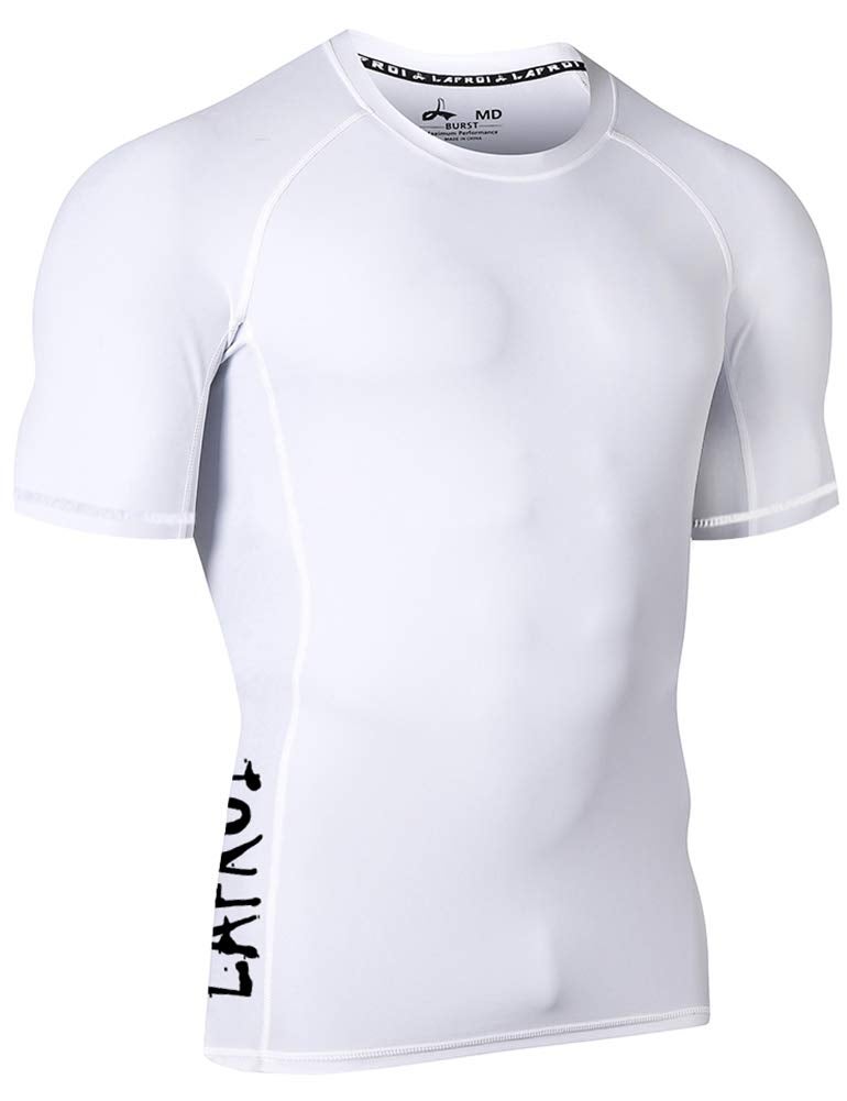 LAFROI Men's Short Sleeve UPF 50+ Baselayer Compression Rash Guard (Sym White, SM) - Image 3